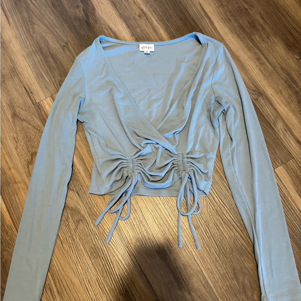 Le Lis Light Blue Ruched Wrap Blouse